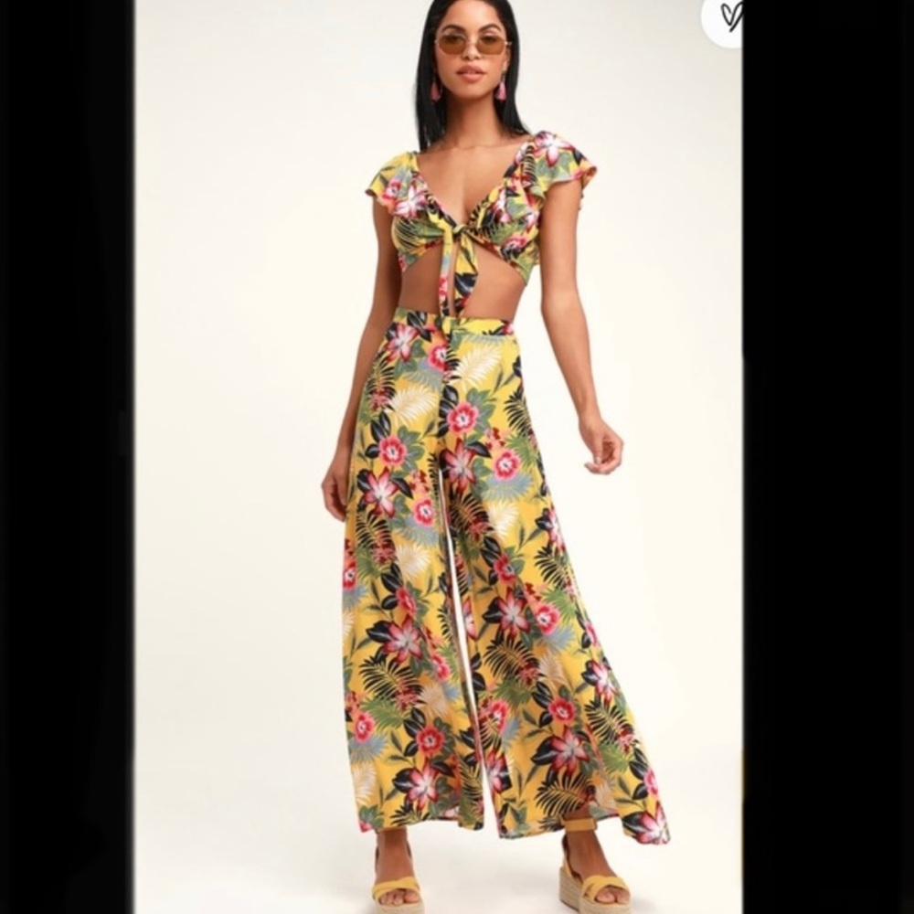 Lulus Yellow Tropical Print Two-Piece Jumpsuit